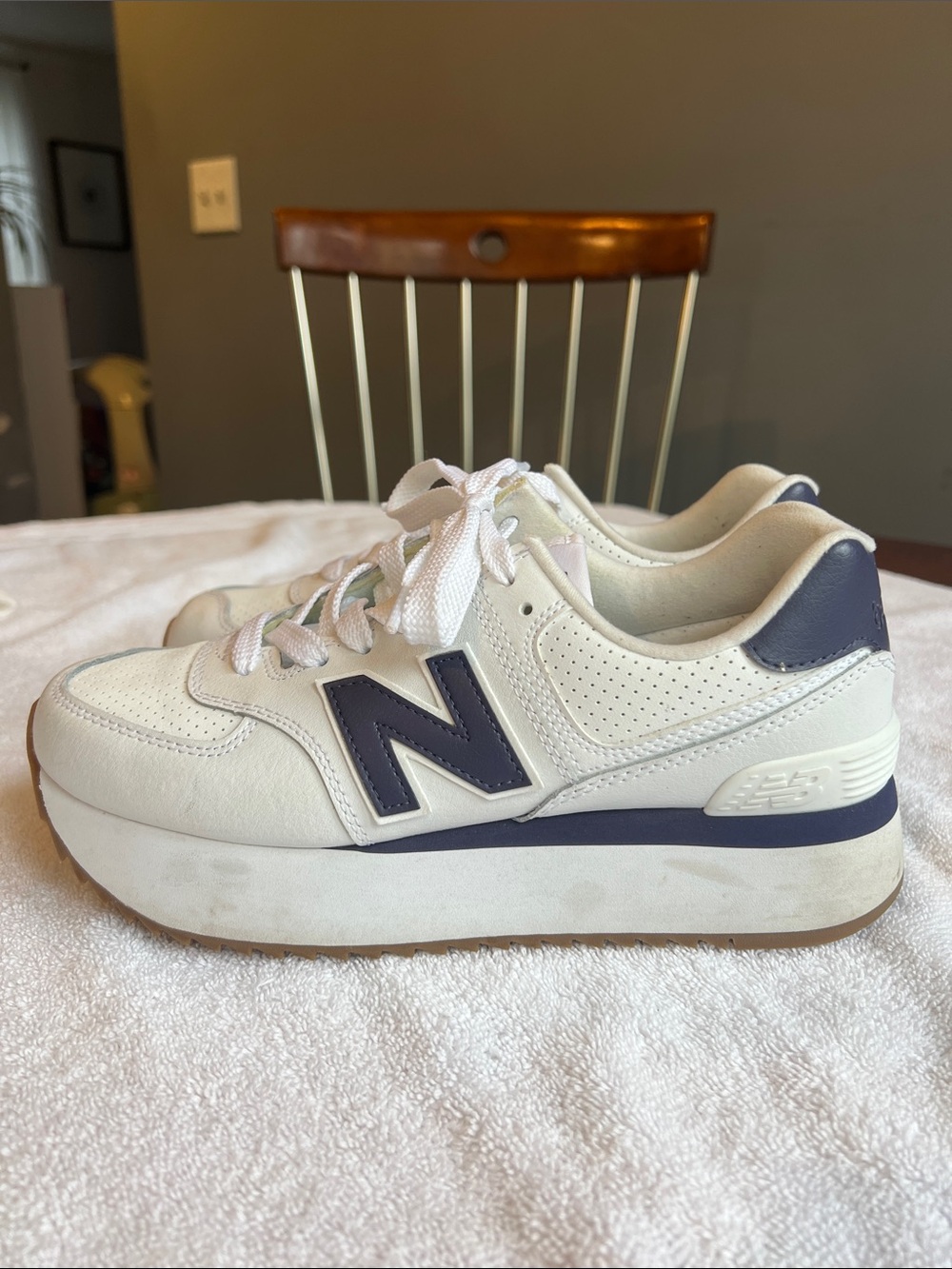 New Balance 574 + Platform | White Athletic Sneakers with Navy Accent